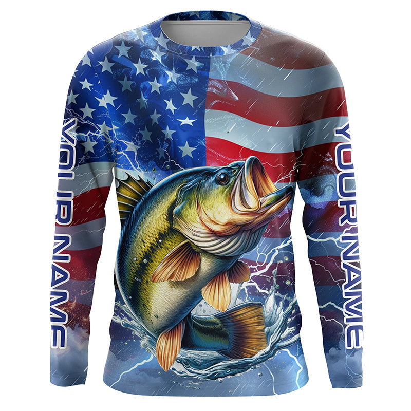 Largemouth Bass fishing American flag Long Sleeve Fishing Shirt custom Lightning Bass fishing jersey NQS7702