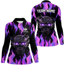 Load image into Gallery viewer, Purple Flame Skull Bowling Polo, 1/4 Zip Shirts For Women Custom Team Bowling Jersey Halloween Outfits NQS8368