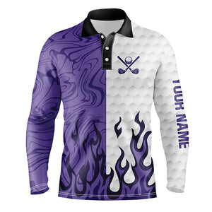 White and Purple Camo Flame Mens Golf Polo Shirt Custom golf attire for men, personalized golf gifts NQS8570