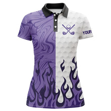 Load image into Gallery viewer, White &amp; Purple Camo Flame Women Golf Polo Shirt Custom golf attire for ladies, personalized golf gift NQS8570