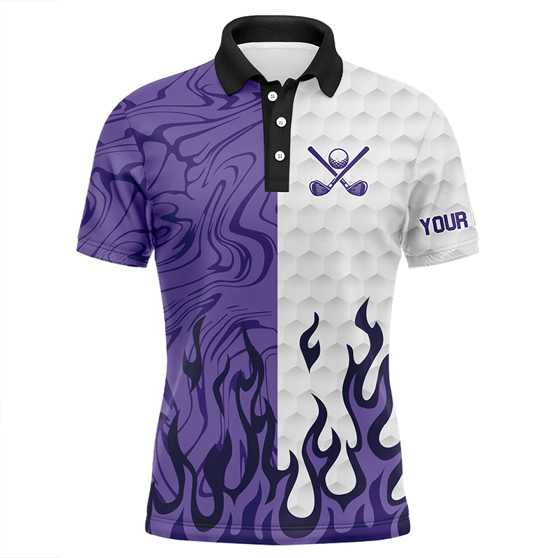 White and Purple Camo Flame Mens Golf Polo Shirt Custom golf attire for men, personalized golf gifts NQS8570