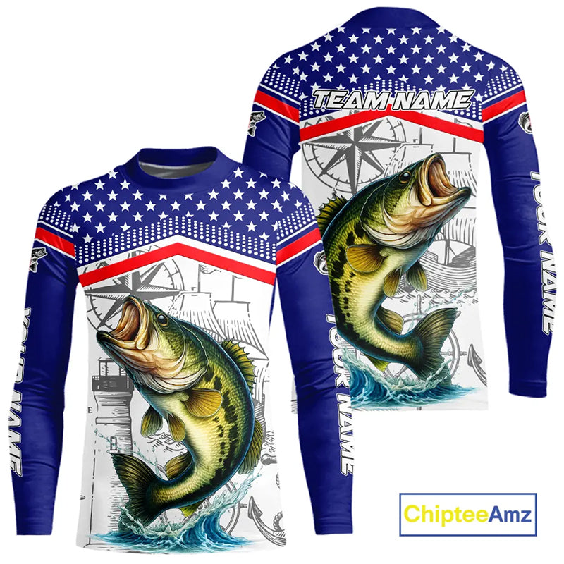 American Flag Largemouth Bass Fishing Custom Bass Long Sleeve Fishing Shirts, Bass Team Jerseys NQS11346