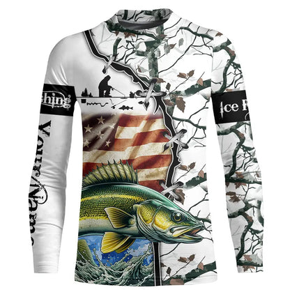 Walleye ice fishing snow camo American Flag Custom Fishing Shirts, Personalized Gifts for Fisherman NQS2901