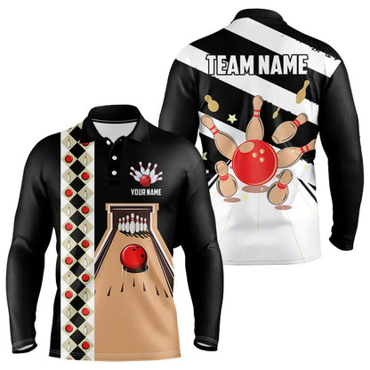 Personalized Red, white and black Retro bowling Polo, Quarter Zip shirt for Men, Bowling Team Jersey NQS9460