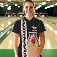 Load image into Gallery viewer, Personalized Red, white and black Retro bowling Polo, Quarter Zip shirt for women, Bowling Team Jersey NQS9460