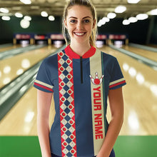 Load image into Gallery viewer, Personalized Red, white and blue Retro bowling Polo, Quarter Zip shirt for women, Bowling Team Jersey NQS9461