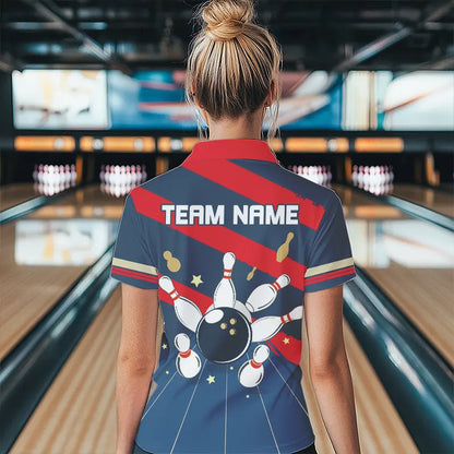 Personalized Red, white and blue Retro bowling Polo, Quarter Zip shirt for women, Bowling Team Jersey NQS9461