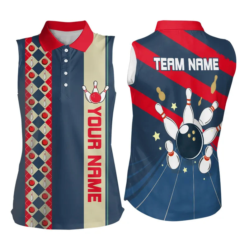 Personalized Red, white and blue Retro bowling Sleeveless Polo shirts for Women, Bowling Team Jerseys NQS9461