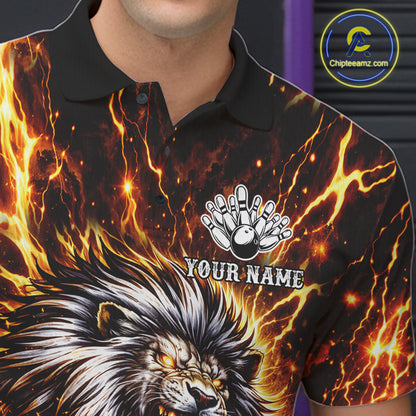 Gold Lightning Thunder Angry Lion Bowling Polo, 1/4 Zip Shirt for Men Custom Lion Bowling Team jersey NQS11681