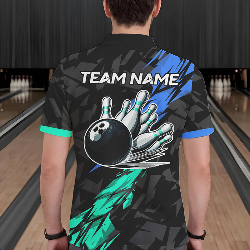 Personalized Black, Blue and Turquoise Camo Bowling Shirt For Men Custom Team Name Bowling Jerseys NQS9786
