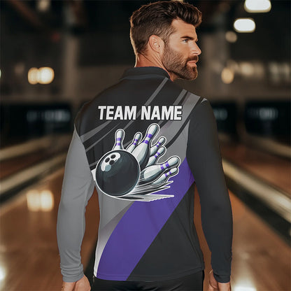 Personalized Black, Gray and Purple Bowling Shirts For Men, Bowling Balls And Pins Bowling Team Shirts NQS9785