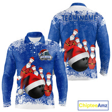 Load image into Gallery viewer, Mens bowling shirts Custom Funny Christmas snowflake Santa Bowling Ball pins Team Jersey | Blue NQS11142