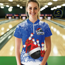 Load image into Gallery viewer, Womens bowling shirts Custom Funny Christmas snowflake Santa Bowling Ball pins Team Jersey | Blue NQS11142