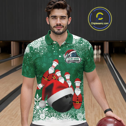 Mens bowling shirts Custom Funny Christmas snowflake Santa Bowling Ball pins Team Jersey | Green NQS11143