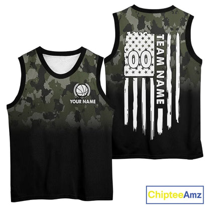 Black and Green Camo Basketball Team Jerseys Custom American Flag Patriotic Basketball Shirts NQS11356