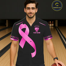 Load image into Gallery viewer, Black and Pink ribbon Breast Cancer Bowling ball Button-up Shirt Custom Hawaiian Bowling Team jerseys NQS11691