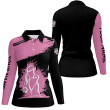 Load image into Gallery viewer, Black and pink Womens golf polo shirt custom name golf tops for ladies, gift for golf lovers NQS5357