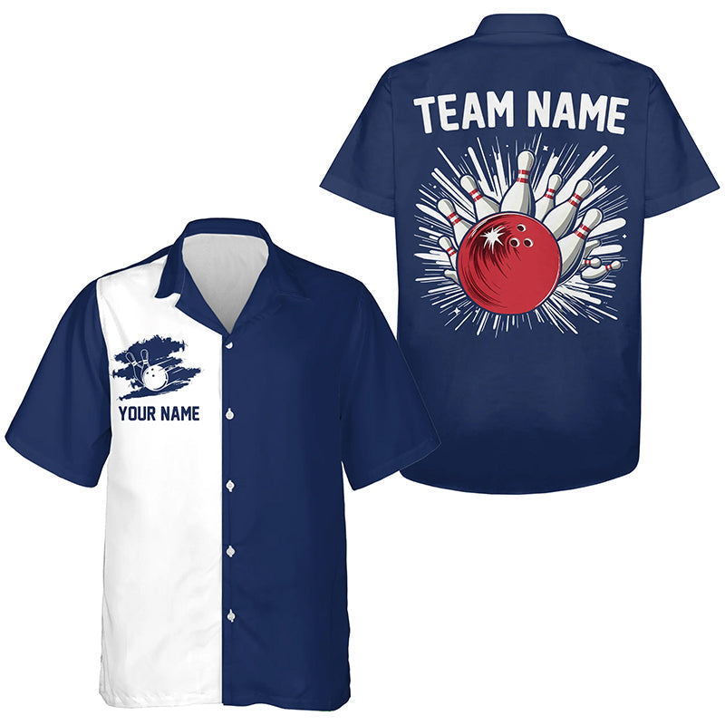Navy Blue and white Retro Bowling hawaiian shirts Custom team bowling button up shirts NQS7561