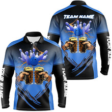 Load image into Gallery viewer, Bowling Beer Black and Blue Bowling Polo, 1/4 Quarter zip shirts Custom Mens Team Bowling jerseys NQS8159