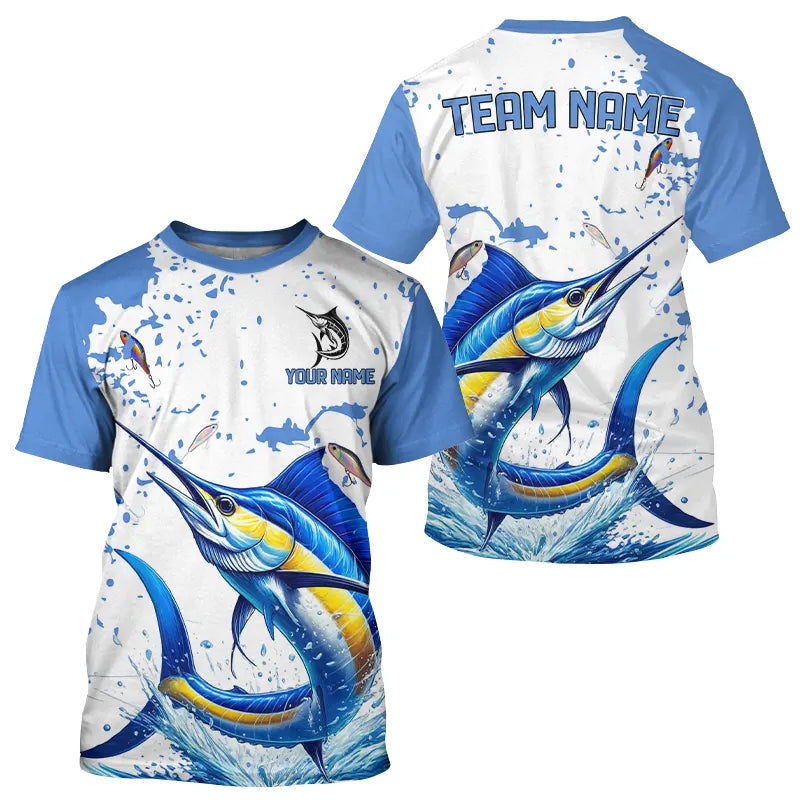Personalized Blue and white Marlin Fishing Shirts Custom Marlin Long Sleeve Fishing Team Jerseys NQS9308