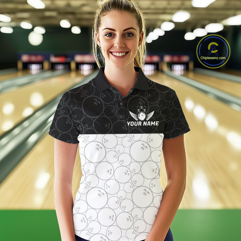 Black and White Bowling Camo Polo, 1/4 Zip Shirts for Women Custom Bowling Team League Bowlers Outfit NQS11701