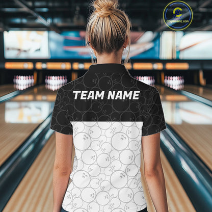 Black and White Bowling Camo Polo, 1/4 Zip Shirts for Women Custom Bowling Team League Bowlers Outfit NQS11701