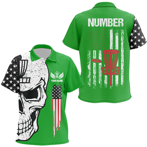 Green American flag Kid golf polos shirt custom name, number patriotic disc golf skull apparel NQS7571