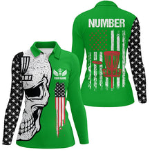 Load image into Gallery viewer, Green American flag Womens disc golf polo shirts custom name, number patriotic disc golf skull apparel NQS7571