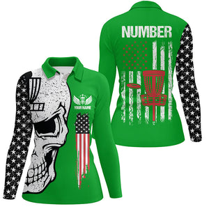 Green American flag Womens disc golf polo shirts custom name, number patriotic disc golf skull apparel NQS7571