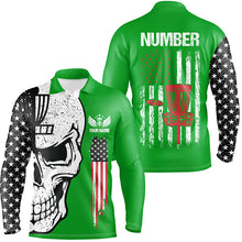 Load image into Gallery viewer, Green American flag Mens disc golf polo shirts custom name, number patriotic disc golf skull apparel NQS7571