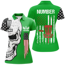 Load image into Gallery viewer, Green American flag Womens disc golf polo shirts custom name, number patriotic disc golf skull apparel NQS7571
