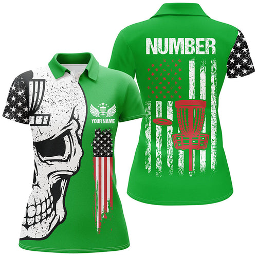 Green American flag Womens disc golf polo shirts custom name, number patriotic disc golf skull apparel NQS7571