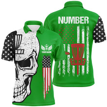 Load image into Gallery viewer, Green American flag Mens disc golf polo shirts custom name, number patriotic disc golf skull apparel NQS7571