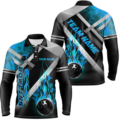 Mens bowling shirts Custom Black bowling ball Flame Bowling Team Jerseys, gift for Bowlers | Blue NQS7573