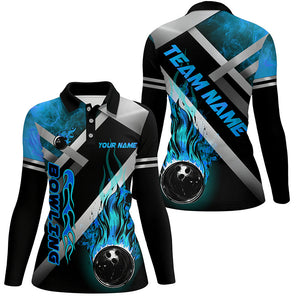 Women bowling shirts Custom Black bowling ball Flame Bowling Team Jerseys, gift for Bowlers | Blue NQS7573
