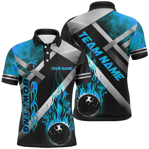 Mens bowling shirts Custom Black bowling ball Flame Bowling Team Jerseys, gift for Bowlers | Blue NQS7573