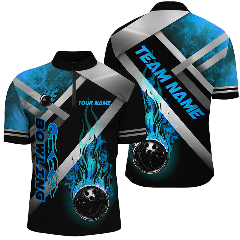 Mens bowling shirts Custom Black bowling ball Flame Bowling Team Jerseys, gift for Bowlers | Blue NQS7573