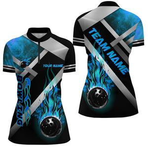 Women bowling shirts Custom Black bowling ball Flame Bowling Team Jerseys, gift for Bowlers | Blue NQS7573