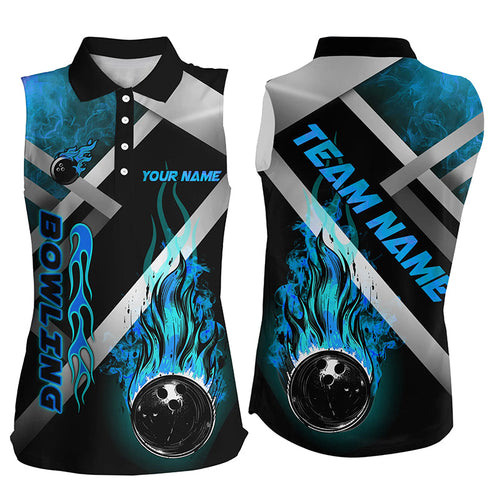 Women Sleeveless Polos Custom Black bowling ball Flame Bowling Team Jerseys, gift for Bowler | Blue NQS7573