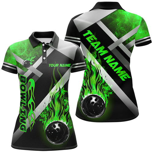 Women bowling shirts Custom Black bowling ball Flame Bowling Team Jerseys, gift for Bowlers | Green NQS7574