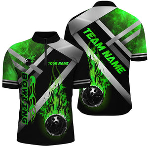 Mens bowling shirts Custom Black bowling ball Flame Bowling Team Jerseys, gift for Bowlers | Green NQS7574