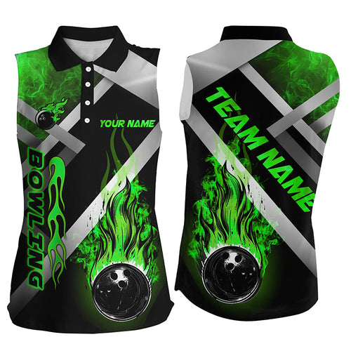 Women Sleeveless Polos Custom Black bowling ball Flame Bowling Team Jerseys, gift for Bowler | Green NQS7574