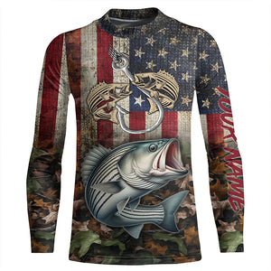 Striped bass fishing camo American Flag patriotic UV protection customize name fishing apparel NQS1902