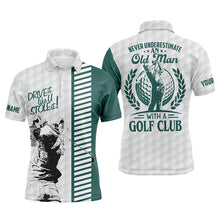 Load image into Gallery viewer, Green and white funny Mens golf polo shirt custom never underestimate an old man with a golf club NQS5607