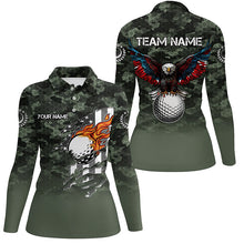 Load image into Gallery viewer, Green Camo American Flag Eagle golf ball custom patriotic Womens golf polo shirts, unique golf gifts NQS8169