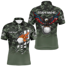 Load image into Gallery viewer, Green Camo American Flag Eagle golf ball custom patriotic Mens golf polo shirts, unique golf gifts NQS8169