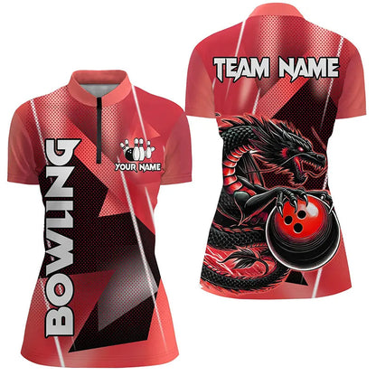 Black And Red Custom Dragon Bowling Shirts For Women, Dragon Bowling Team Shirts NQS8382