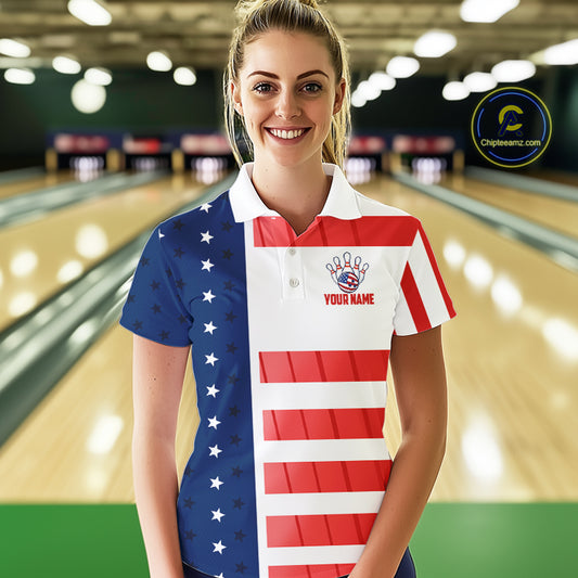 Red, White and Blue American Flag Bowling Shirts For Women Custom Patriotic Bowling Team Jerseys NQS11157