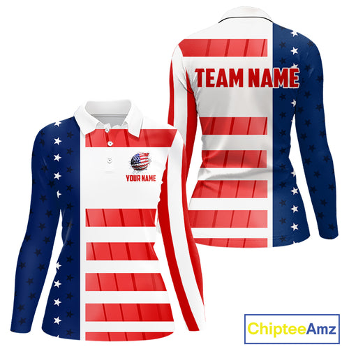 Red, White and Blue American Flag Golf Polo Shirts For Women Custom Patriotic Team Ladies Golf Outfit NQS11158
