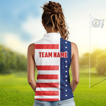 Red, White and Blue American Flag Sleeveless Polo Shirts Custom Patriotic Team Ladies Golf Outfit NQS11158
